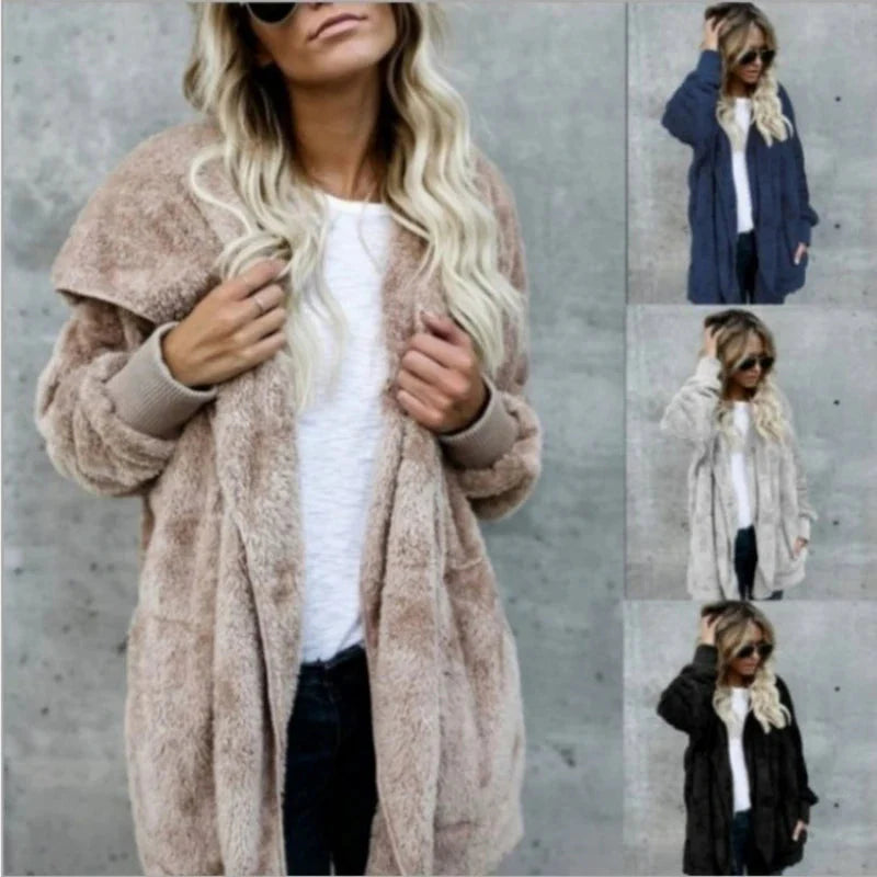 Double Fleece Plush Hooded Cardigan Jacket Women