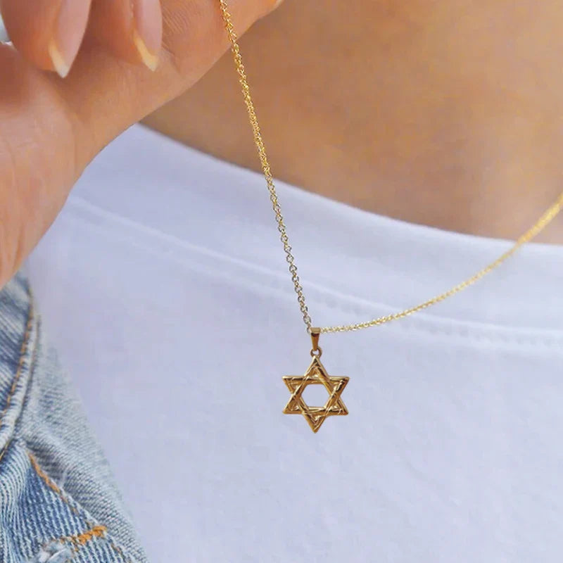 Stylish 18K Gold Plated Star of David Necklace in Stainless Steel - Religious Hexagram for Men & Women, Gift Option