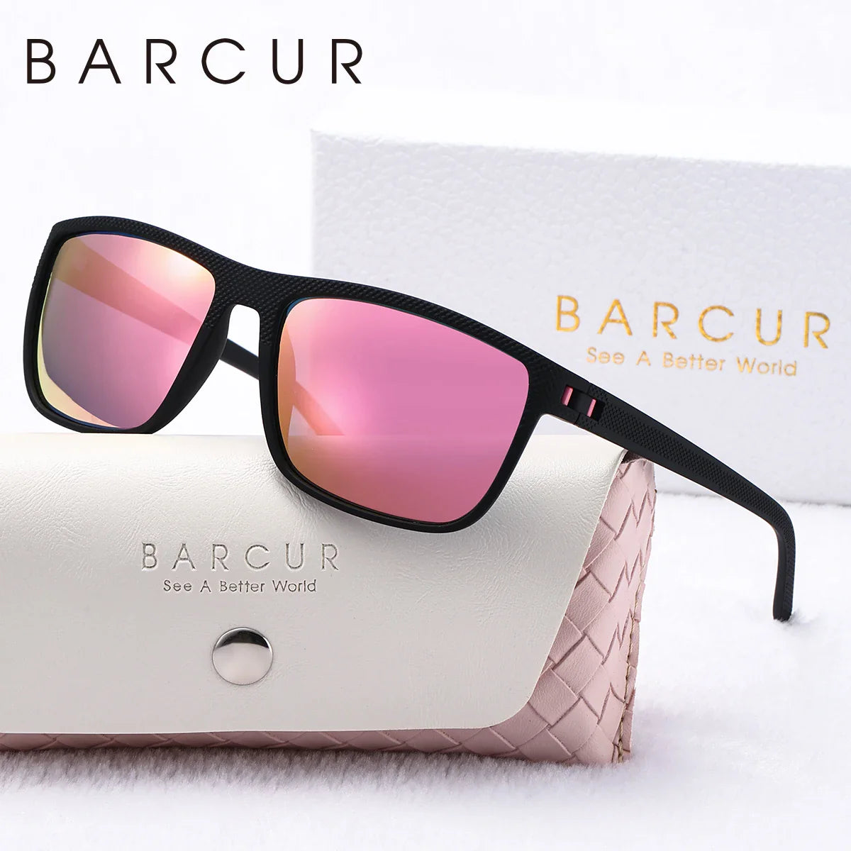 Trendy square white and pink polarized sunglasses for women with UV400 protection