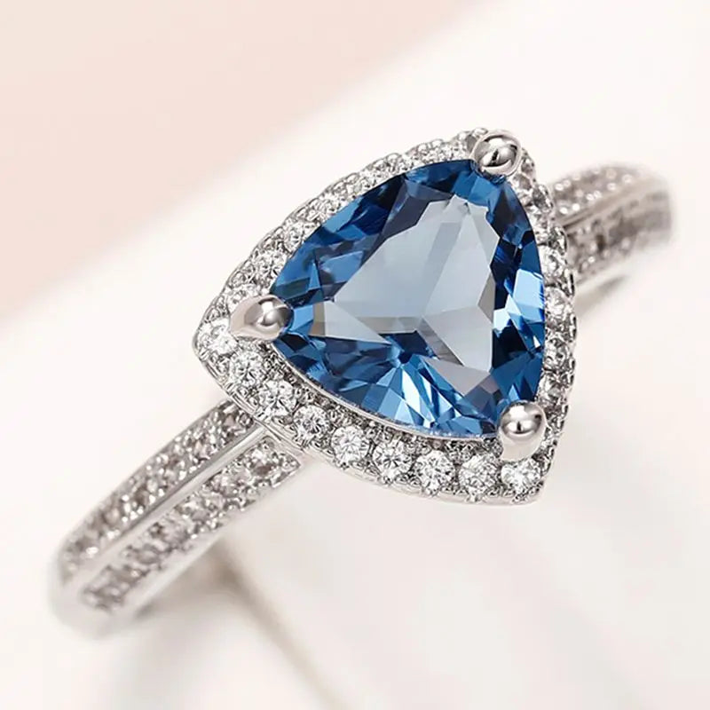 925 Sterling Silver Luxury Dark Blue Zircon Triangle Rings for Women Fashion Classic Engagement Wedding Jewelry Anniversary Gift