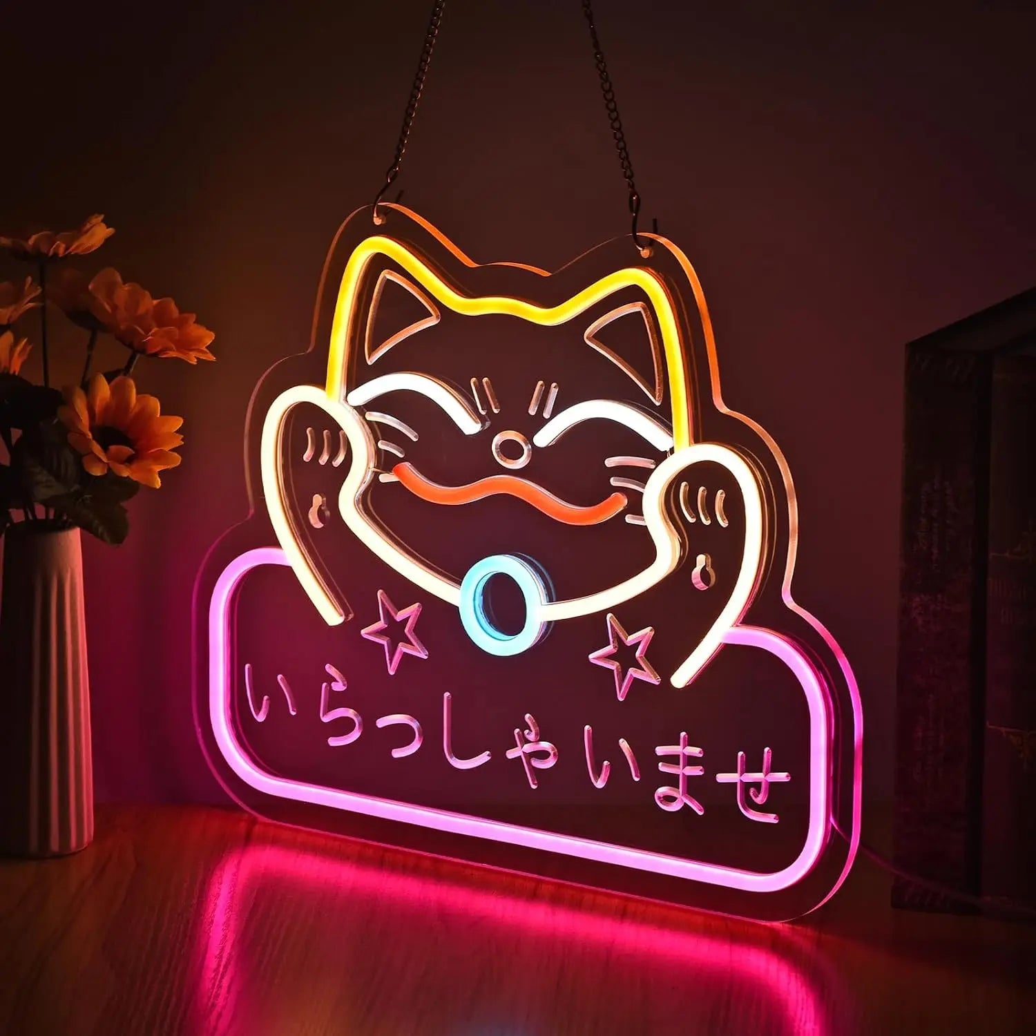 Neon Sign Maneki Neko Welcomes Fortune Cute Beckoning Cat with Welcome Sign for Restaurant Shop Home Bar Decor LED Night Light