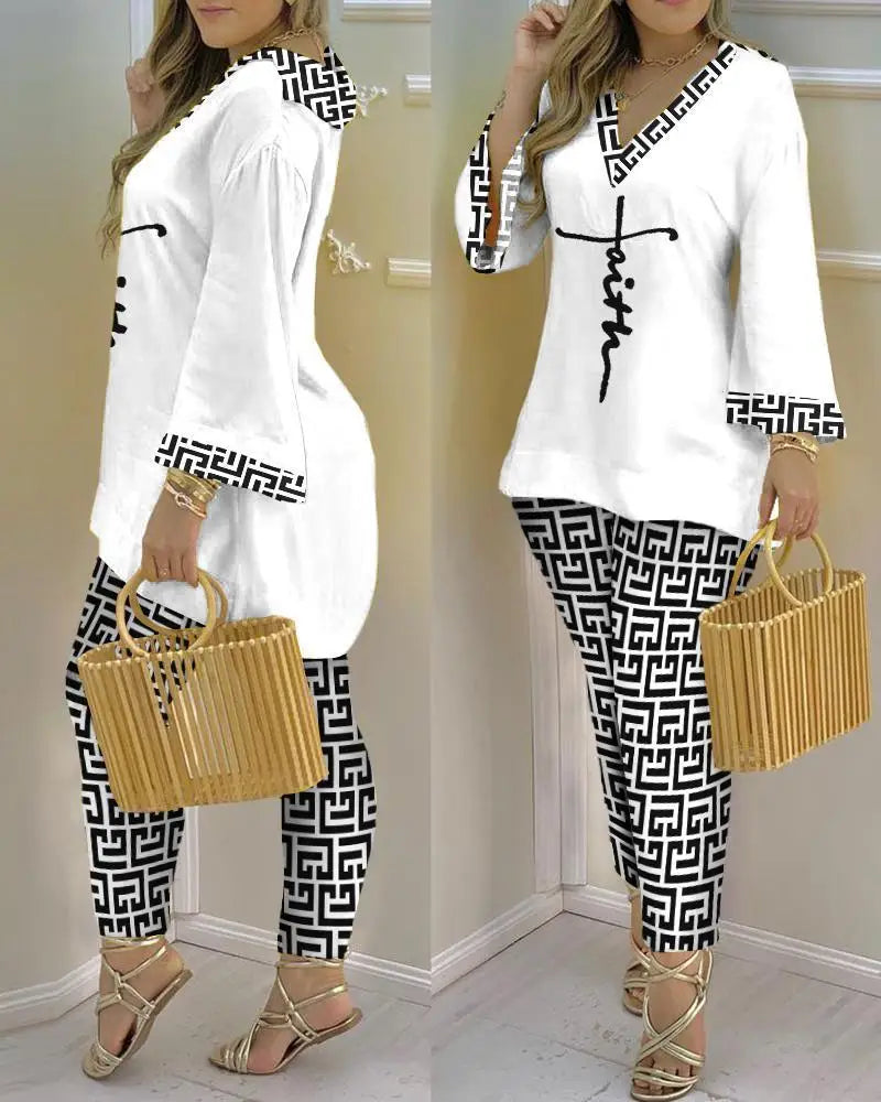 Women Printed V-Neck Long Sleeve Top and Pant Two Piece Set - Image 25