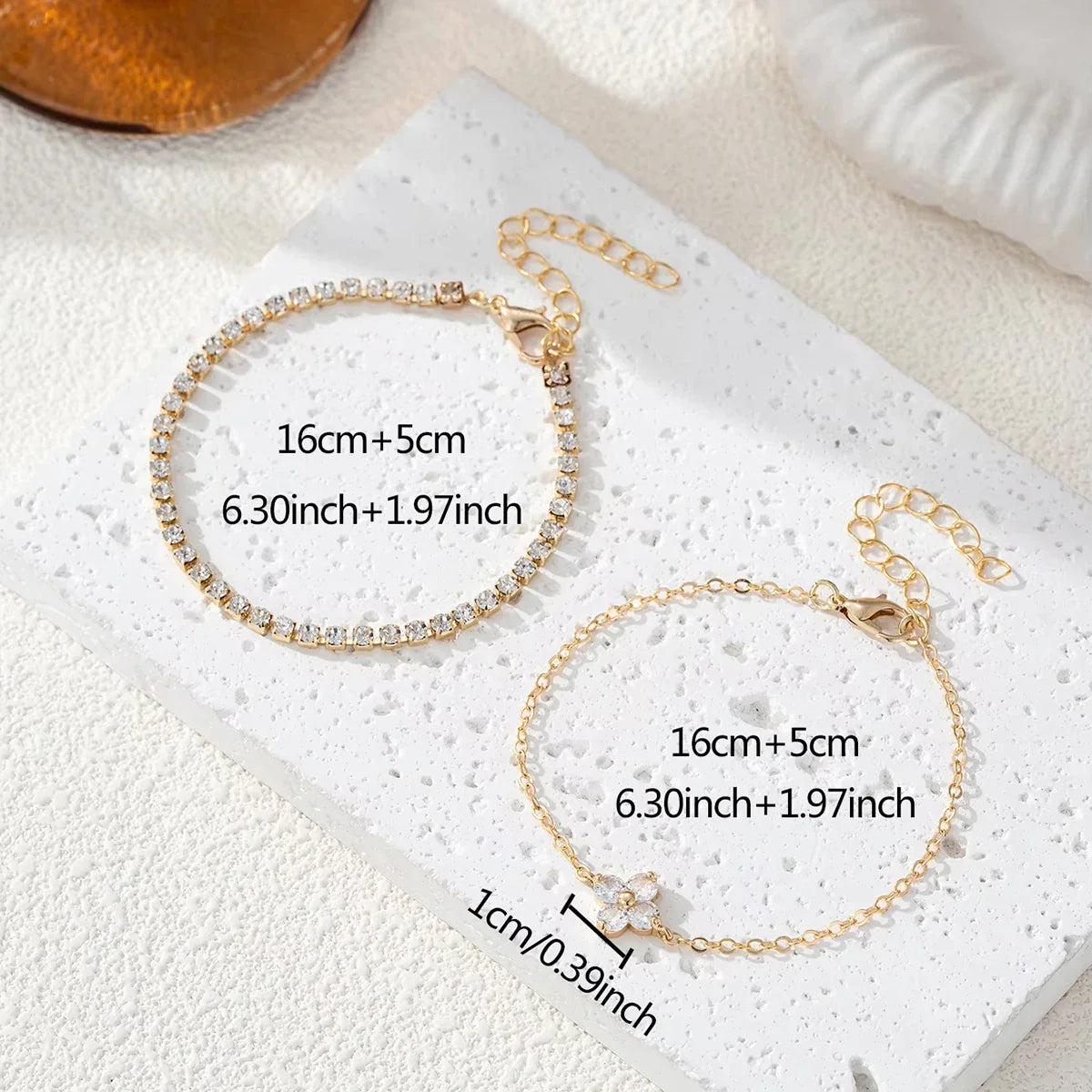 2pcs Simple Cubic Zirconia Flower Water Chain Women's Bracelet Set Daily Minimalist Silver Color Bracelet Party Fashion Jewelry