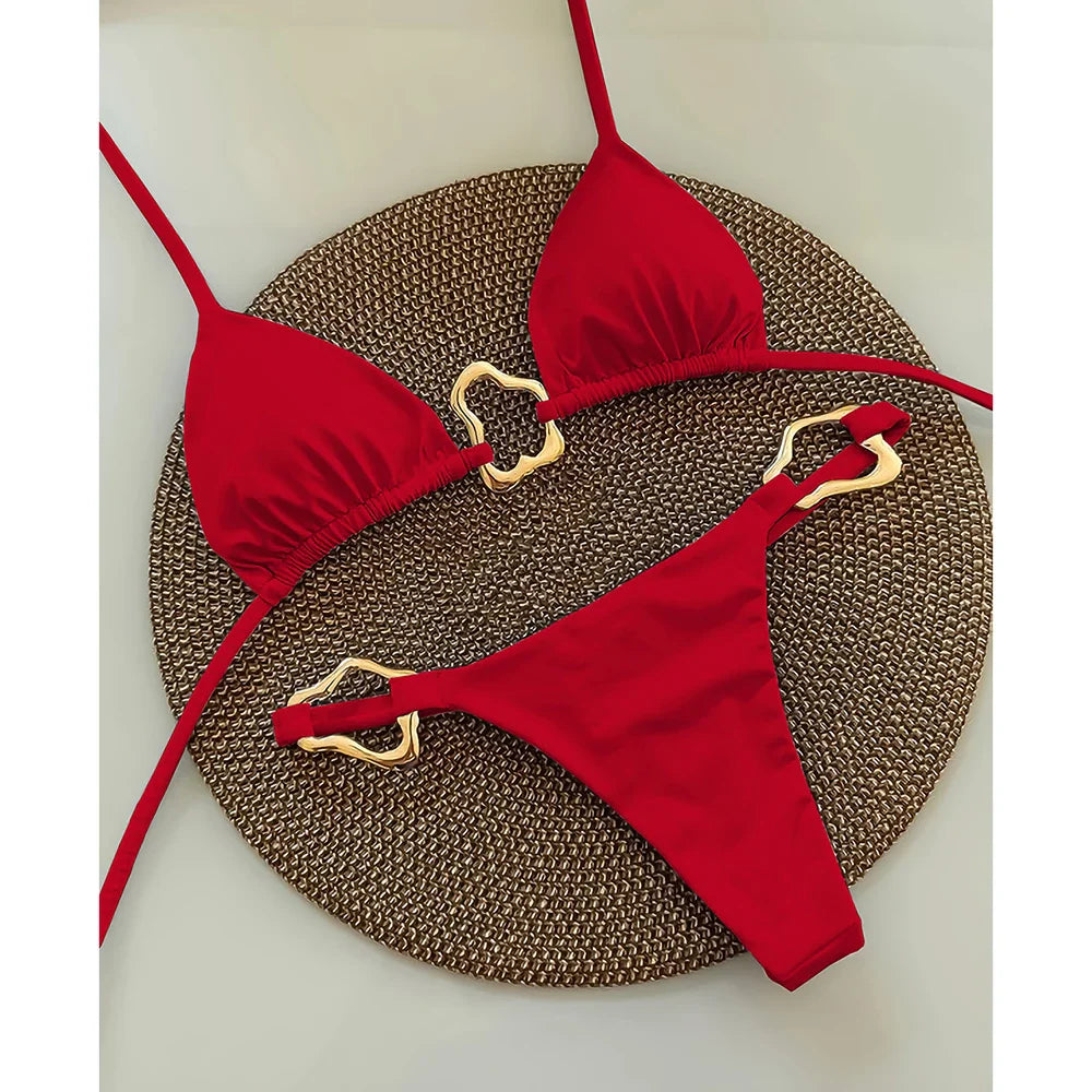 Women's Micro Halter Bikini Set with Gold Tone Ring Details - Image 4
