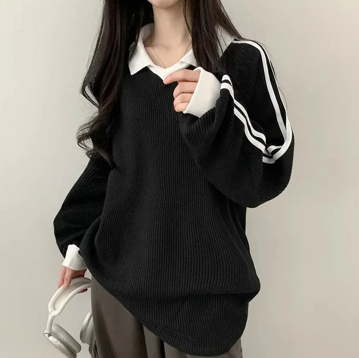 Women Long Sleeve Polo Pullover Sweater Striped Casual Top - Image 13