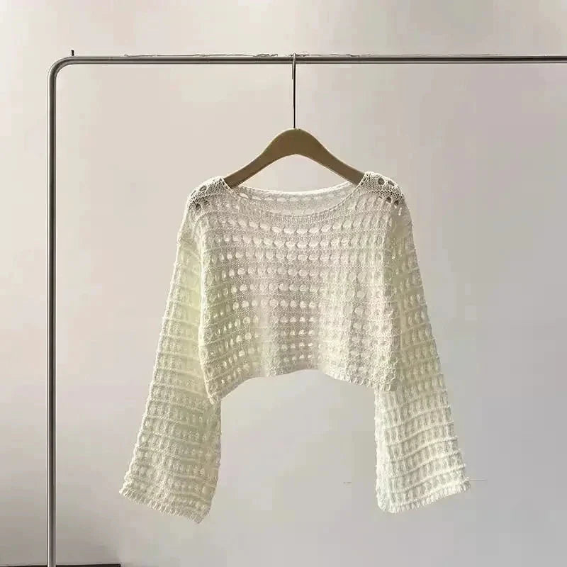 Women's Crochet Knit Long Sleeve Boho Beach Cover Up Pullover - Image 6