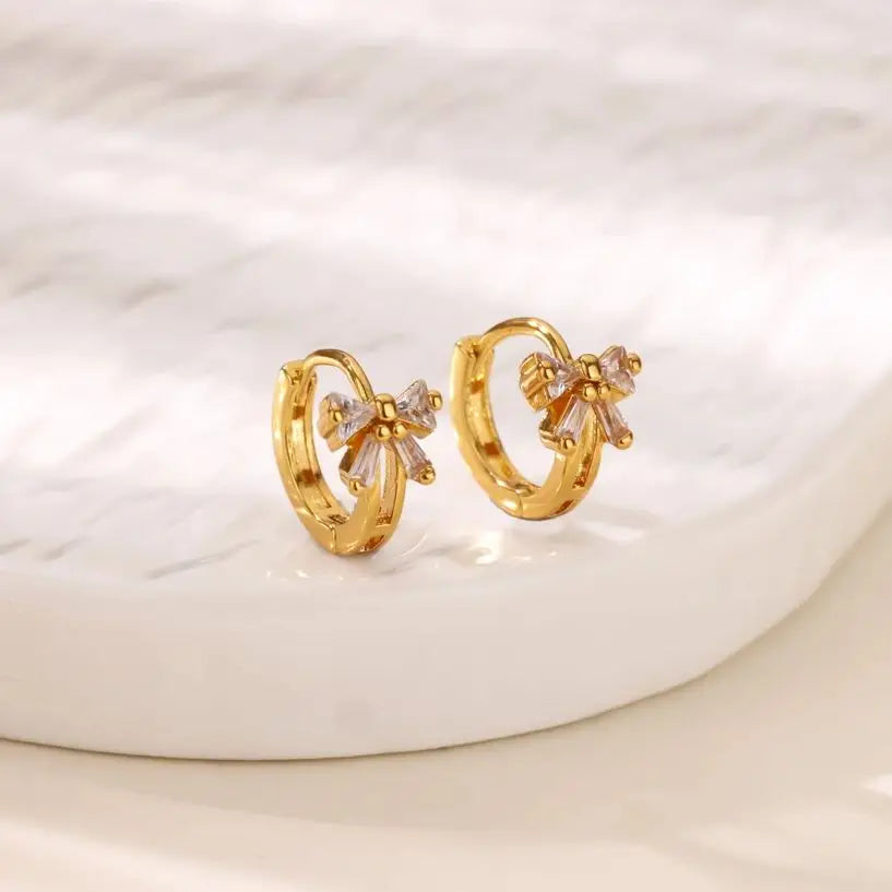 Elegant Zircon Bow Earrings For Women Stainless Steel Gold Color Bowknot Earrings Luxury Wedding Waterproof Jewelry Gift