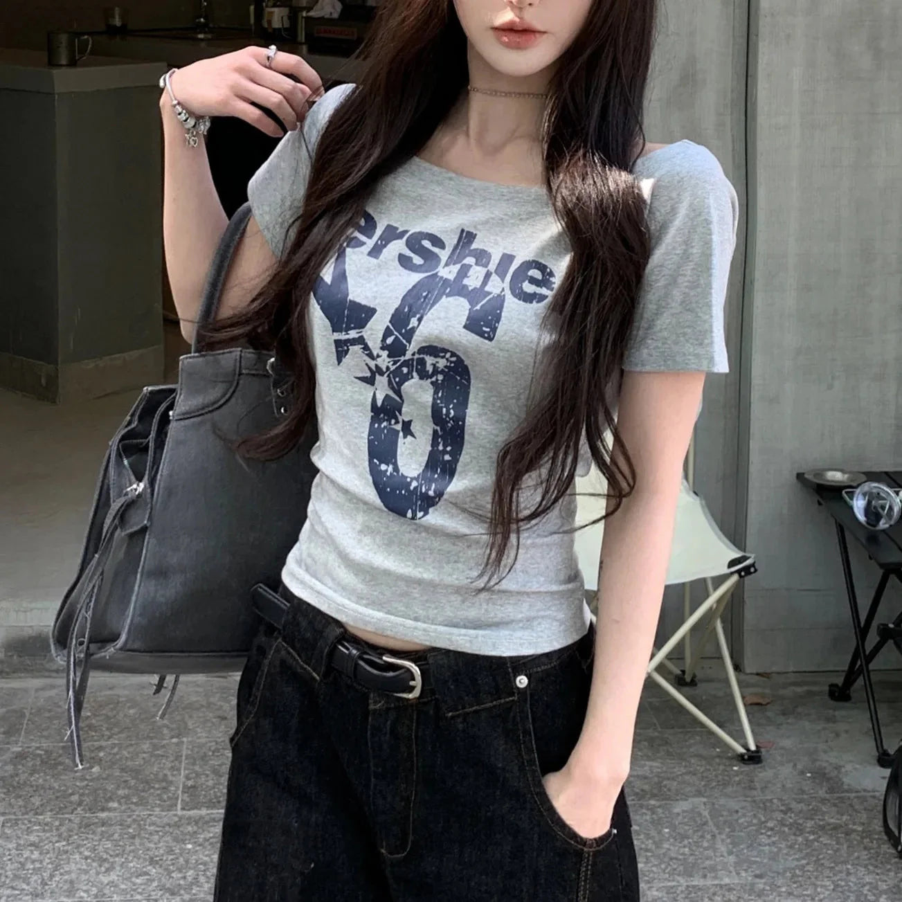 Women’s Summer Letter Print Skew Collar Short Sleeve T-Shirt - Image 4