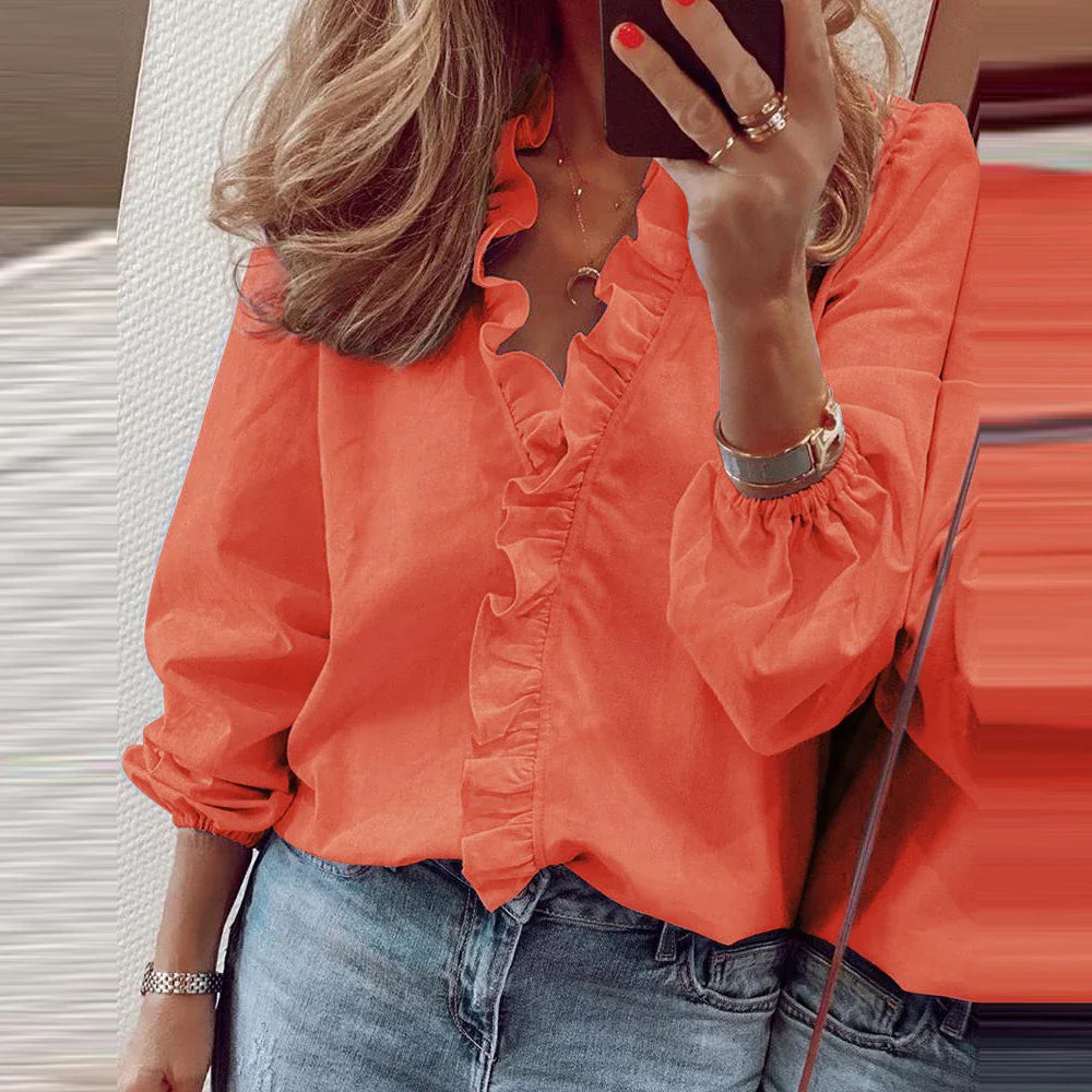 Women Ruffled V-Neck Long Sleeve Blouse Casual Pullover Top - Image 7