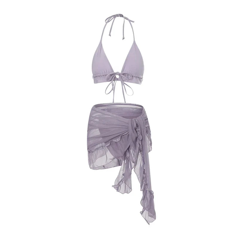 Women Halter Ruffle Three Piece Bikini Swimsuit Set - Image 7
