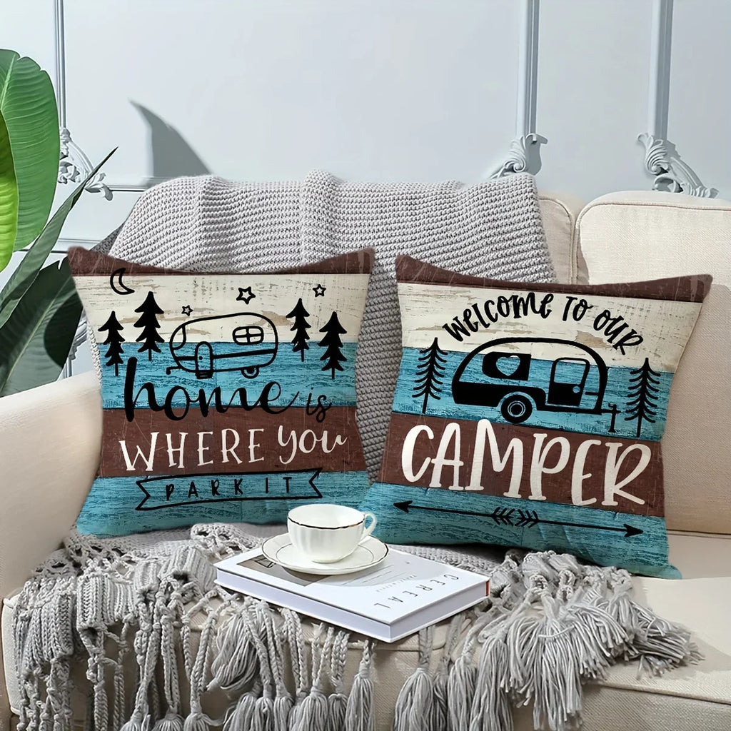 VIKAMA Camping Theme Pillowcase, Country-Style Decorative Cushion pillow Cover, For Sofas, RVs, Camping, Bedroom Home Decoration