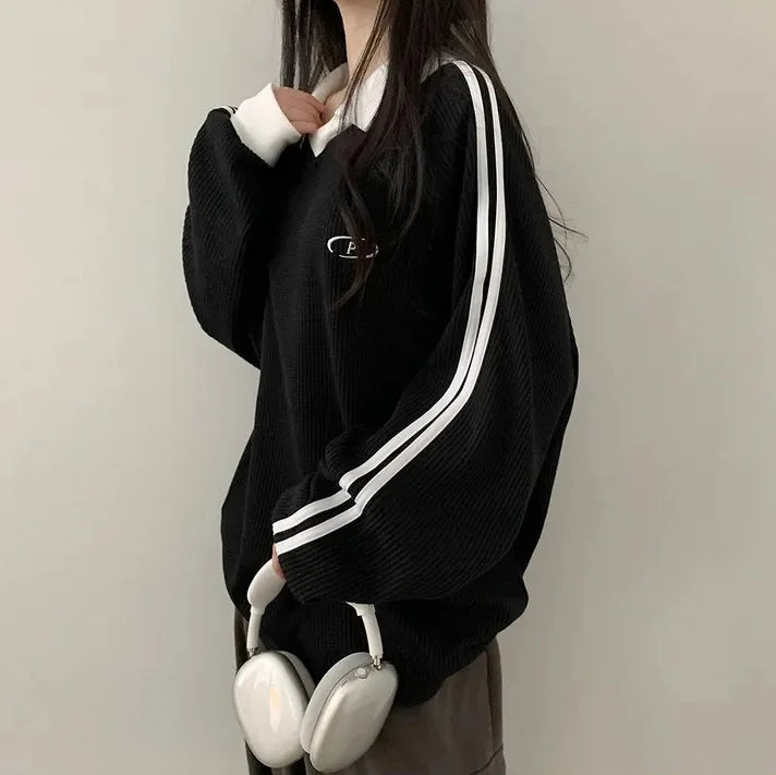 Women Long Sleeve Polo Pullover Sweater Striped Casual Top - Image 14