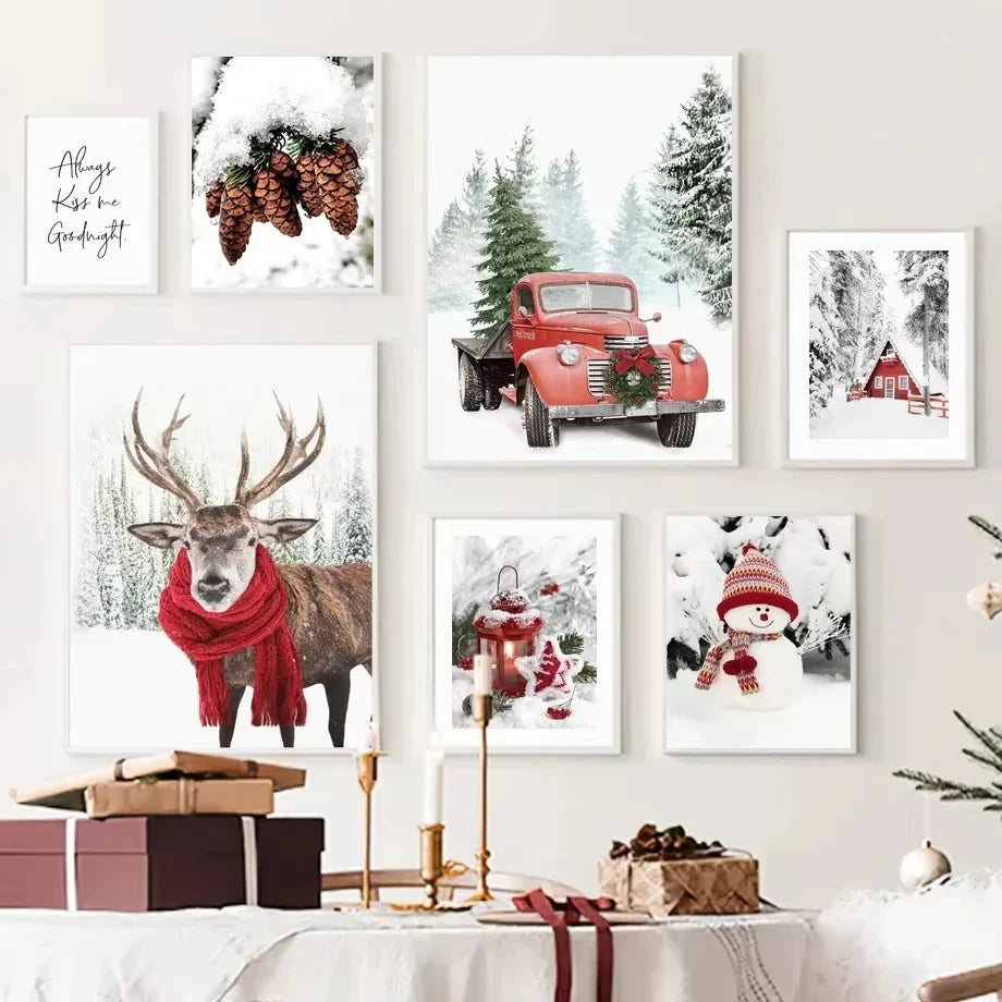 Set of unframed winter-themed Christmas wall art prints featuring snowy landscapes, deer, and festive holiday imagery.