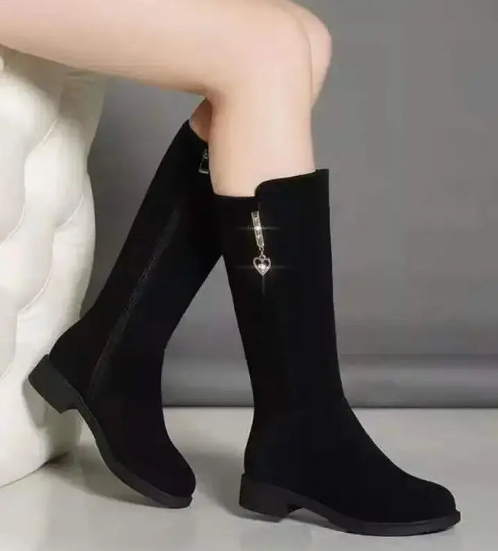 Women's Black Mid-Calf Winter Boots with Heart Zipper Detail - Image 11