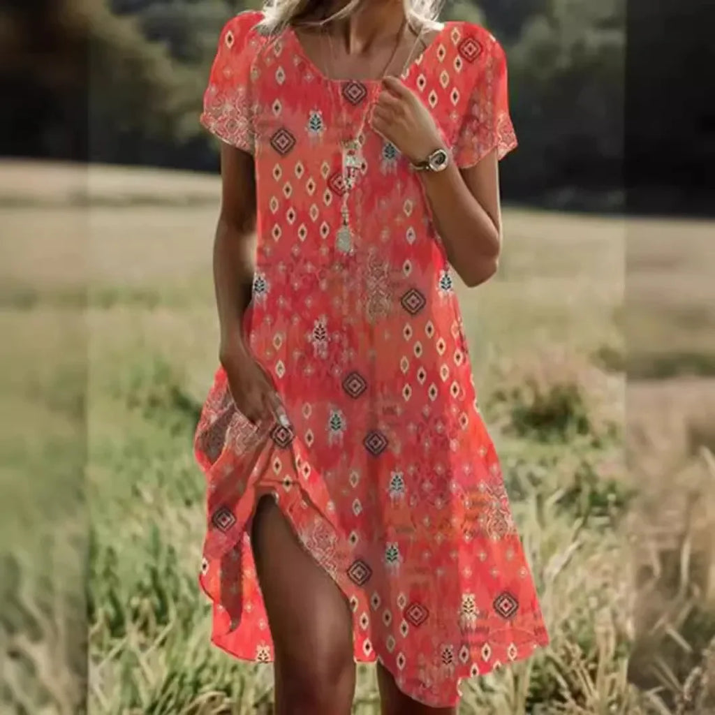 Women's Ethnic Print Midi Dress Summer Round Neck Casual Style - Image 7