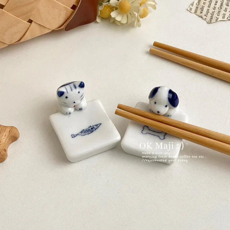 Kawaii Cat Dog Chopstick Holder Ceramic Knife Spoon Fork Tableware Holder Chop Stick Rack Dinning Table Decor Kitchen Supplies