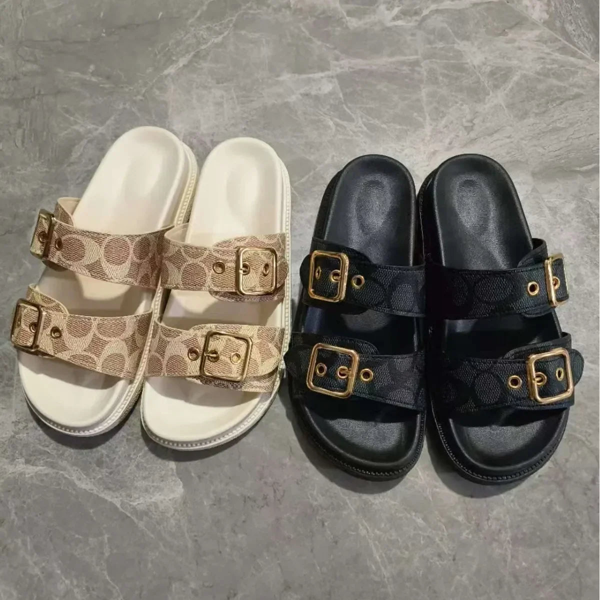 Women's Double Buckle Platform Sandals with Logo Print - Image 3