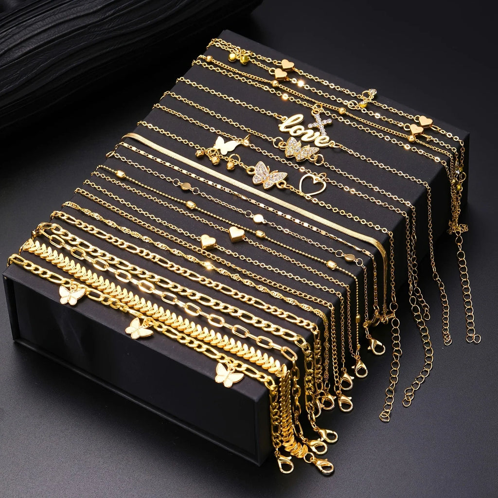 18Pcs Bohemian Summer Beach Anklet Set For Women Vintage Butterfly Heart Crystal Pendant Foot Bracelets Fashion Jewelry Gift New