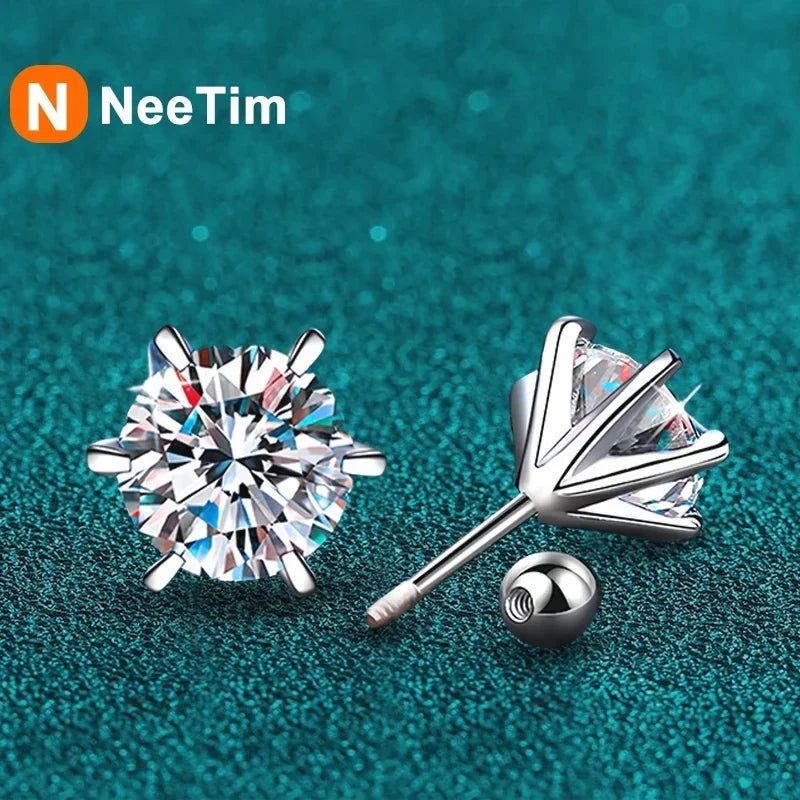 NeeTim 0.3-2CT Moissanite Stud Earrings For Women Screw Thread Ear Studs 925 Sterling Silver Wedding Jewelry Pass Diamond Test