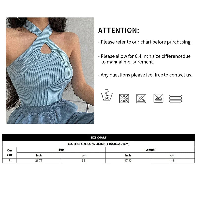 Women's Halter Crop Top, Knitted Off Shoulder Strappy Tank Top