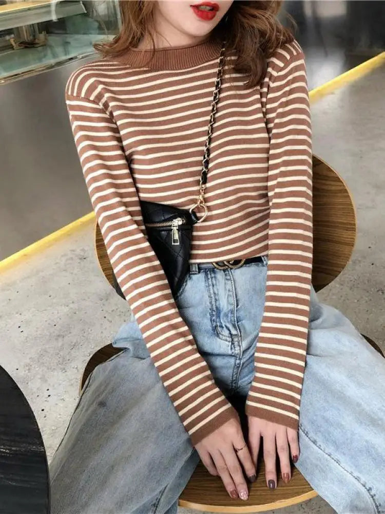 Women Striped Mock Neck Long Sleeve Ribbed Knit Pullover Sweater - Image 17