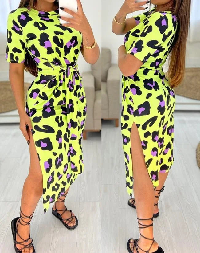 Women's Leopard Print Midi Dress with Side Slit and Tie Waist - Image 35
