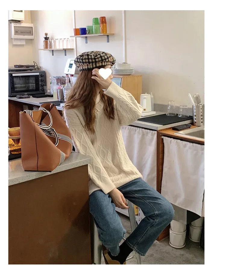Women's Pink Cable Knit Crew Neck Long Sleeve Sweater - Image 5