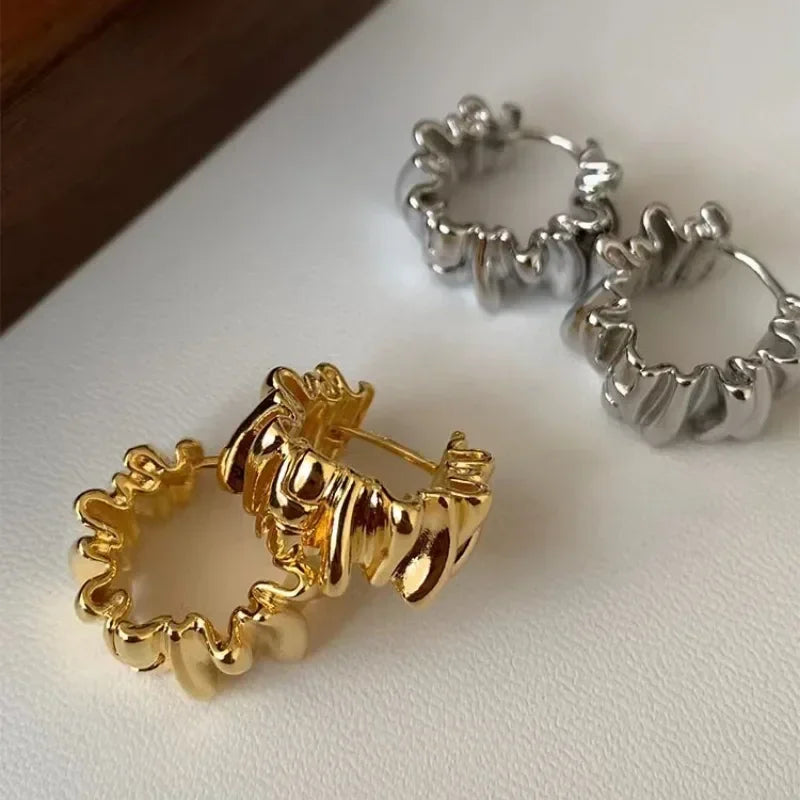 Personality Irregular Wavy Pleated Hoop Earrings for Women New Charm Gold Color Stainless Steel Dangle Jewelry Accessories Gift