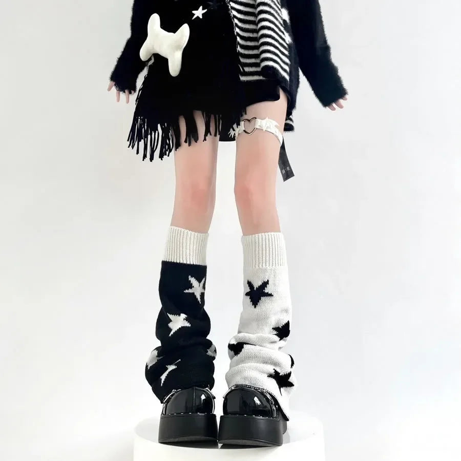 Y2K Punk Knitted Leg Warmers Black White Heart Star Argyle Style - Image 2