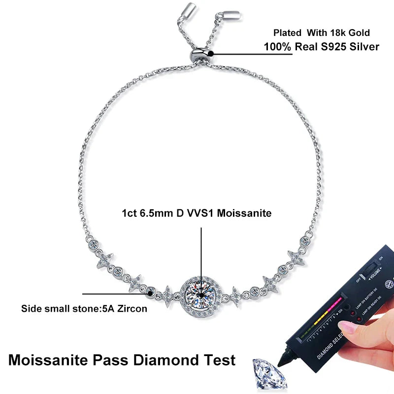 NeeTim 1ct 6.5mm Moissanite Bracelet for Women 925 Silver Sterling with 18k Gold Plated Luxury Wedding Party Bracelets Wholesale