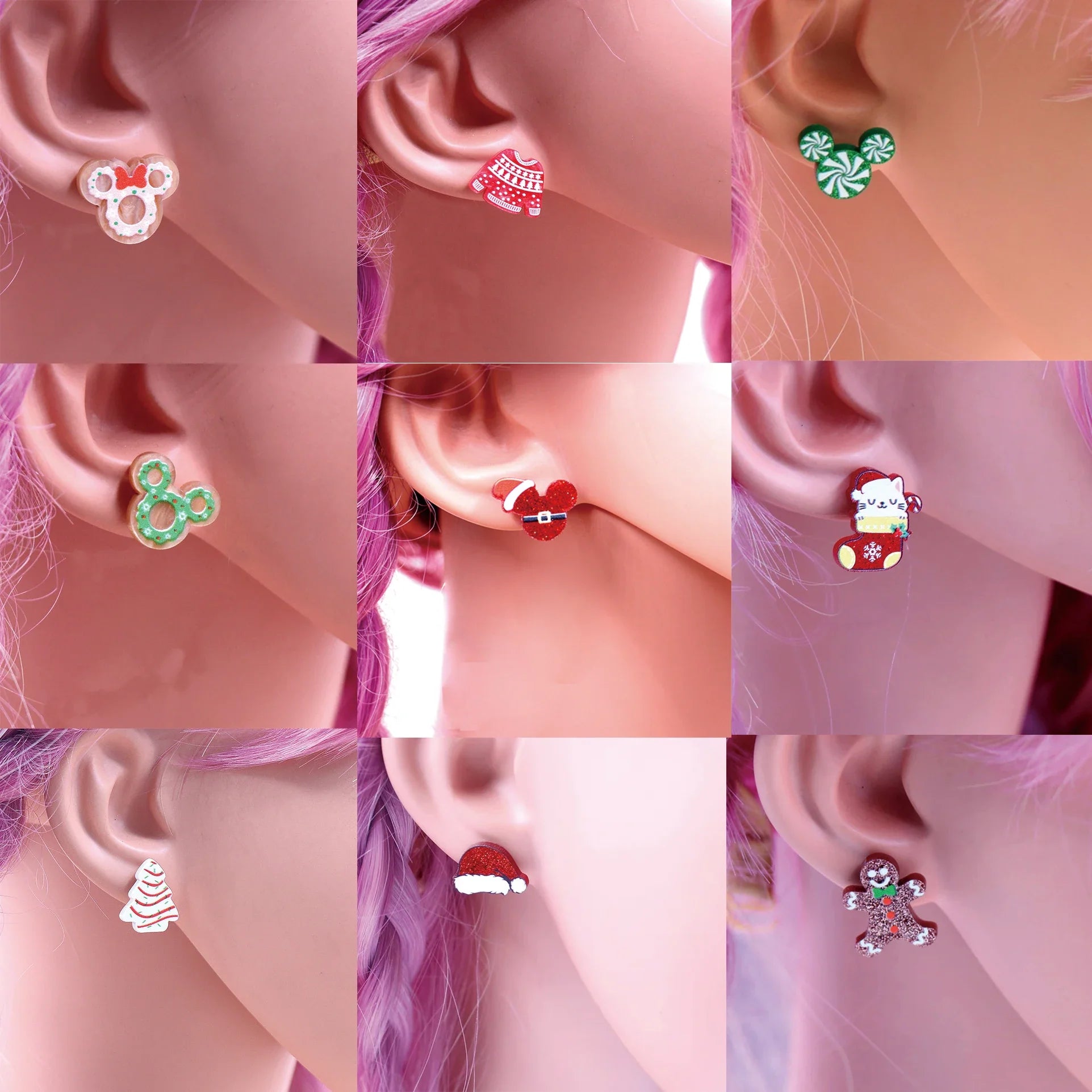 Custom Santa Hats Tree Mouse Head Turkey Glitter Acrylic Christmas Stud Earrings Stainless Steel Jewelry Wholesale