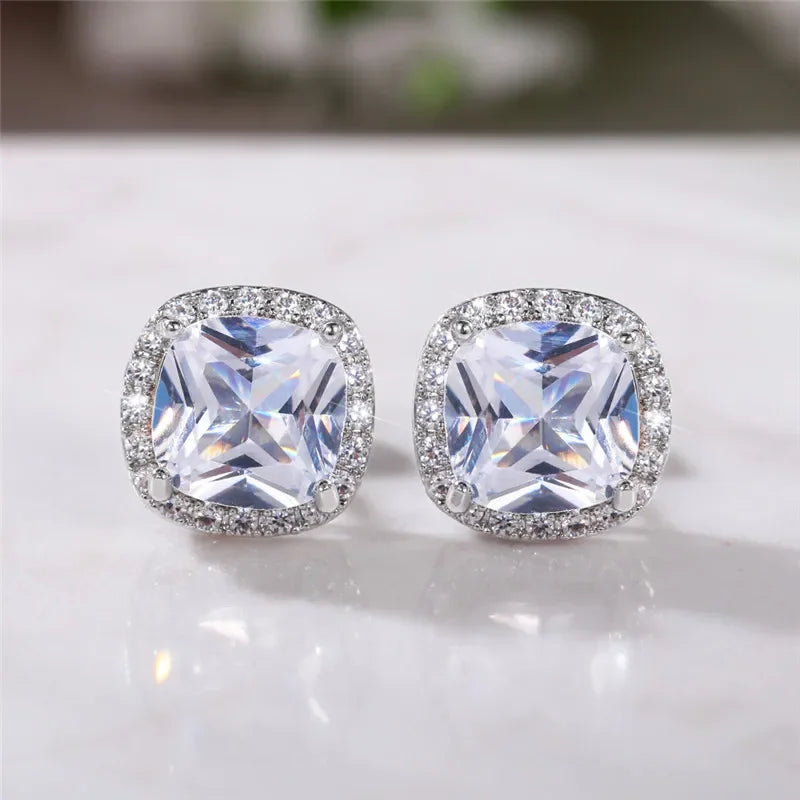 Ne'w Bright White/Yellow/Pink CZ Stud Earrings for Women Fashion Contracted Jewelry High Quality Wedding Engagement