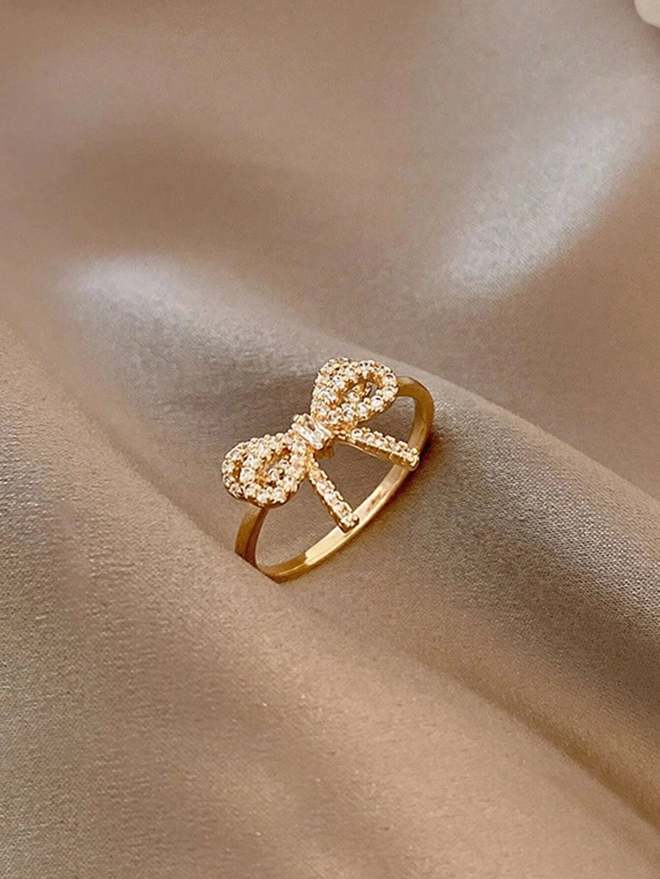 Yupsk Korean Fashion Micropaved Crystal Zirconia Bow Ring for Women Girls Exquisite Ins Trendy Minimalist Finger Rings Jewelry