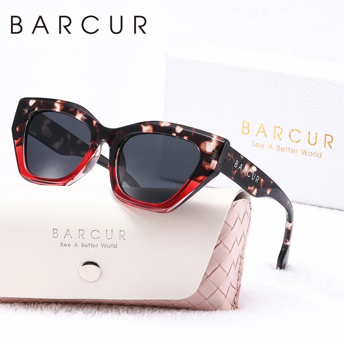 Unique irregular women's sunglasses with thick PC frames, available in black, tortoise-shell, white, and red.