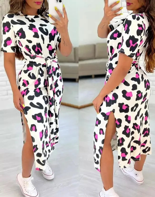 Women's Leopard Print Midi Dress with Side Slit and Tie Waist - Image 27