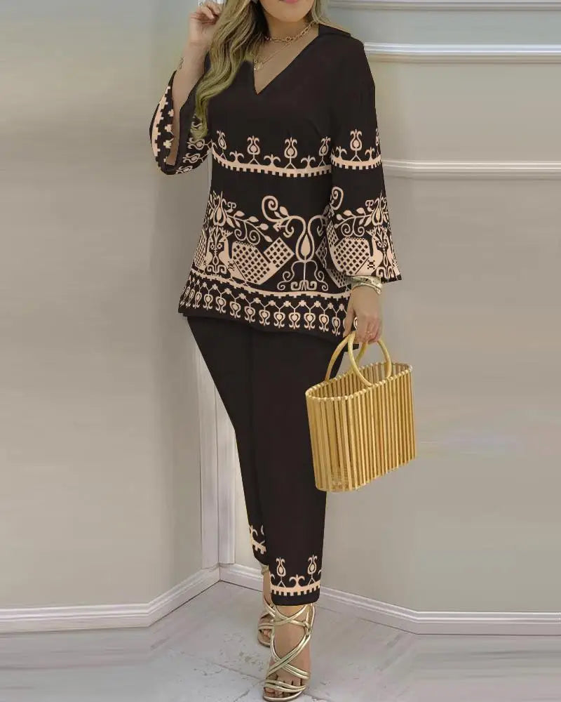 Women Printed V-Neck Long Sleeve Top and Pant Two Piece Set - Image 39