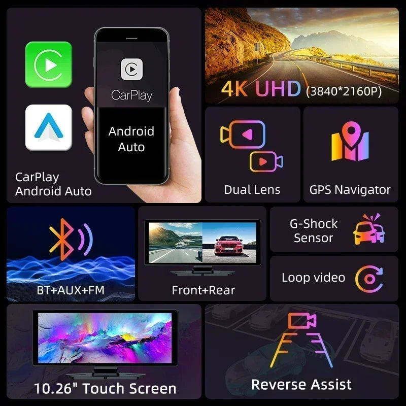 10.26" Portable CarPlay Screen – Wireless Car Stereo Touch Display