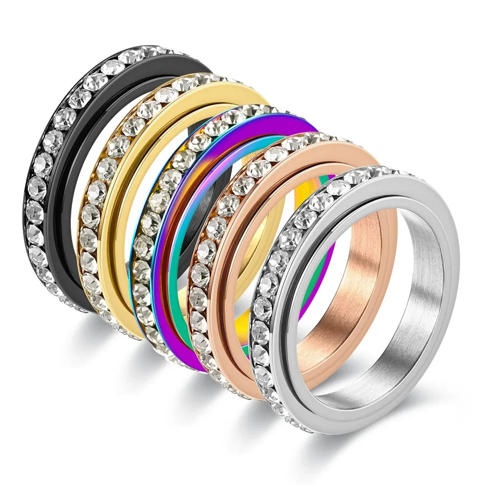 4MM Stainless Steel Spinner Finger Rings For Women Crystal Rotatable Wedding Ring Men Fashion Anniversary Party Jewelry