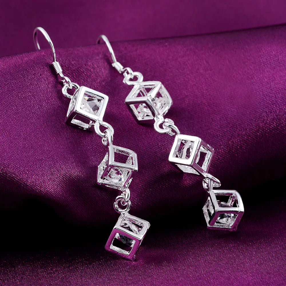 Hot Fine 925 Sterling Silver crystal lattice drop Earrings for Woman noble fashion party Jewelry Trendsetter Christmas Gifts