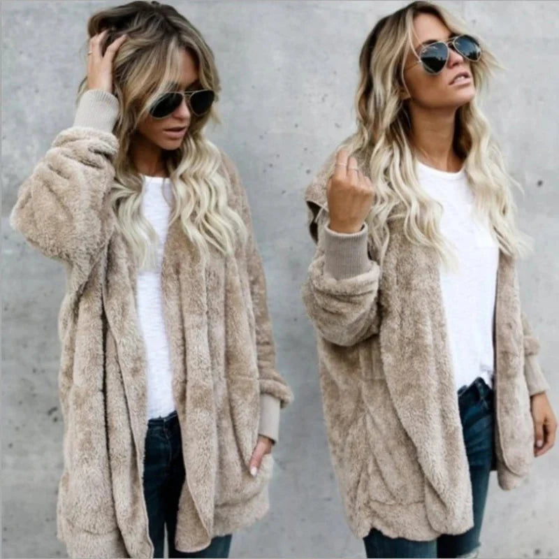 Model wearing a cozy oversized double fleece hooded cardigan in solid beige and black colorways