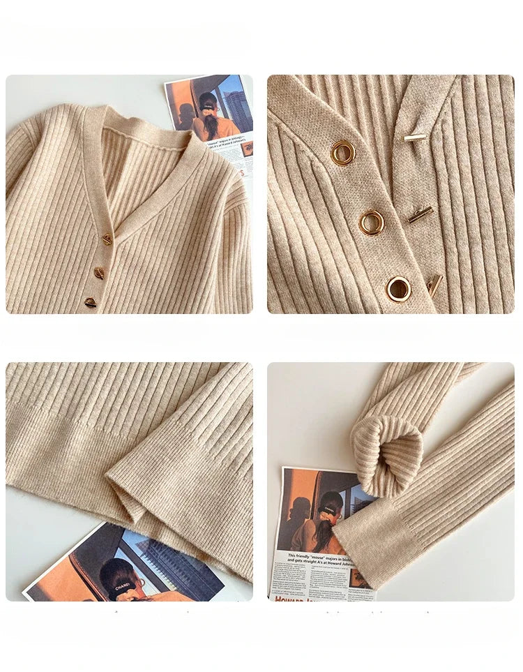 Women Beige Ribbed Button Down Long Sleeve Knitted Pullover Top - Image 4