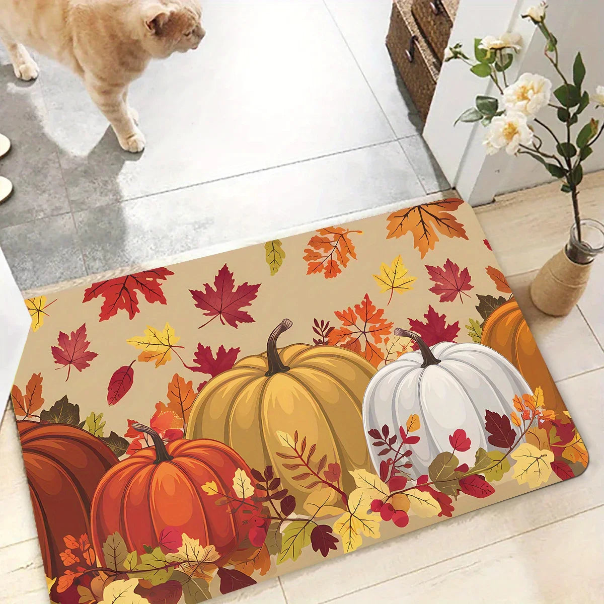 VIKAMA Thanksgiving Carpet Pumpkin Maple Leaf Carpet Kitchen Rug Long Carpet Doormat Living Room Bedroom Sofa Soft Floor Mat
