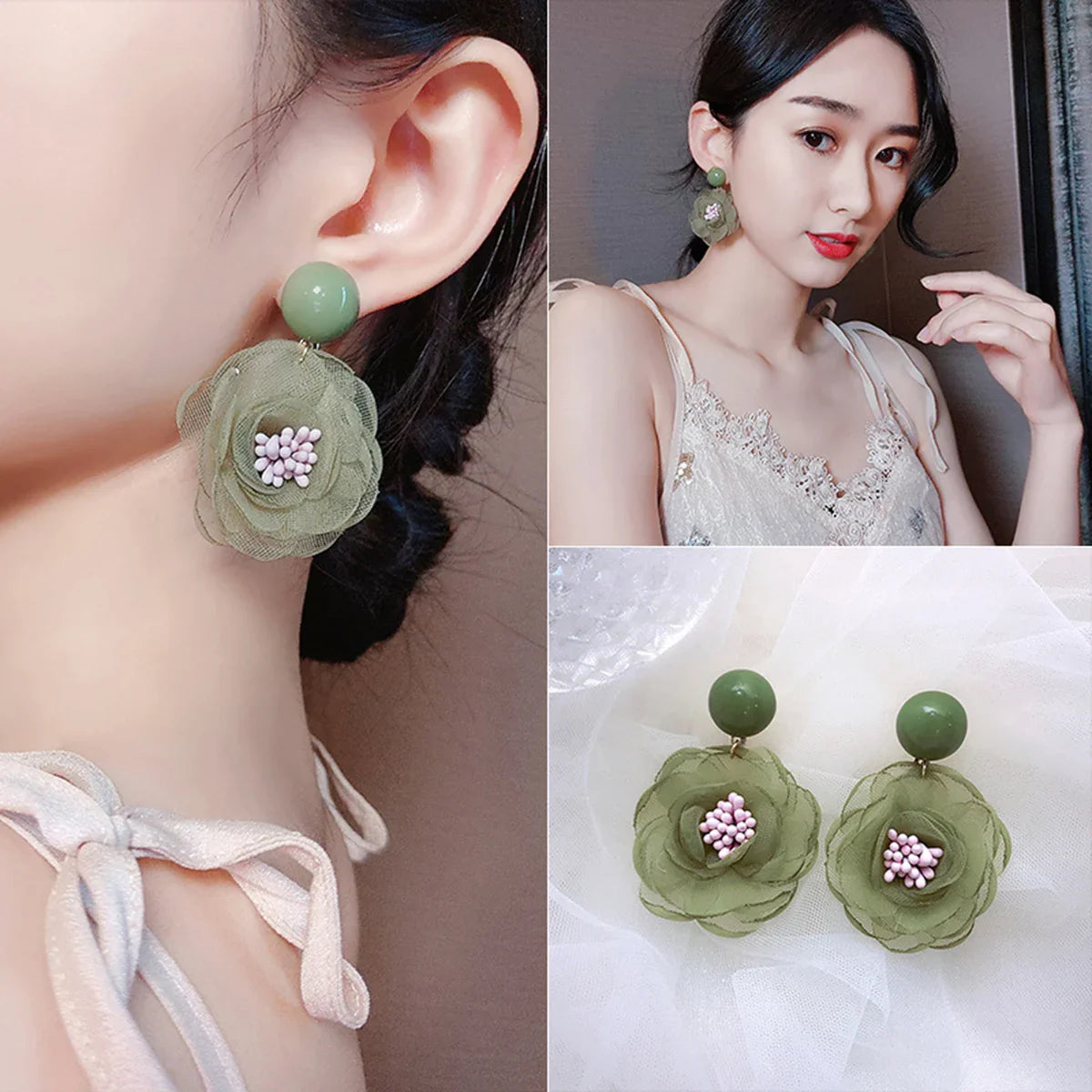 Needle Soft Snowflake Lace Flower Girl Soft Purple Milk Fruit Green Flower Dewdrop Earrings Ear Clips Fresh Sweet Style Ear Stud