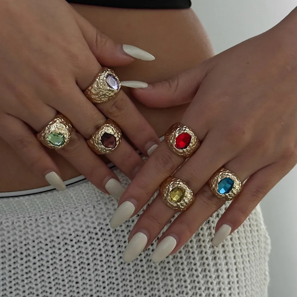 LATS Vintage Punk Inlaid Rhinestone Rings for Women Geometric Exaggerated Personalized Liquid Glossy Light Luxury  Jewelry