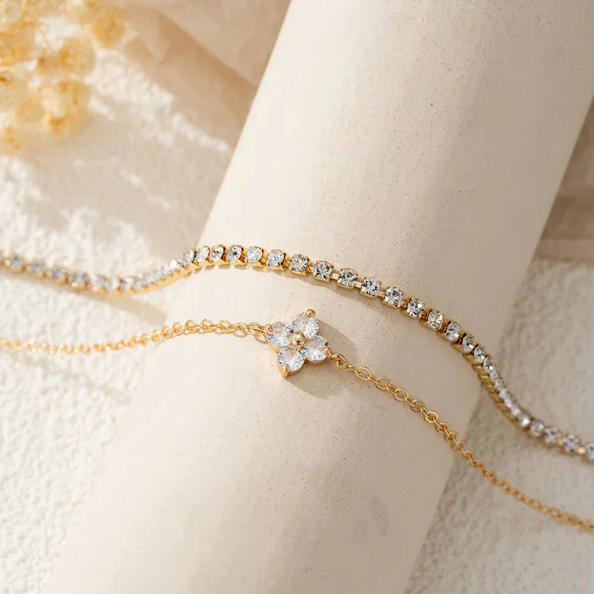 2pcs Simple Cubic Zirconia Flower Water Chain Women's Bracelet Set Daily Minimalist Silver Color Bracelet Party Fashion Jewelry
