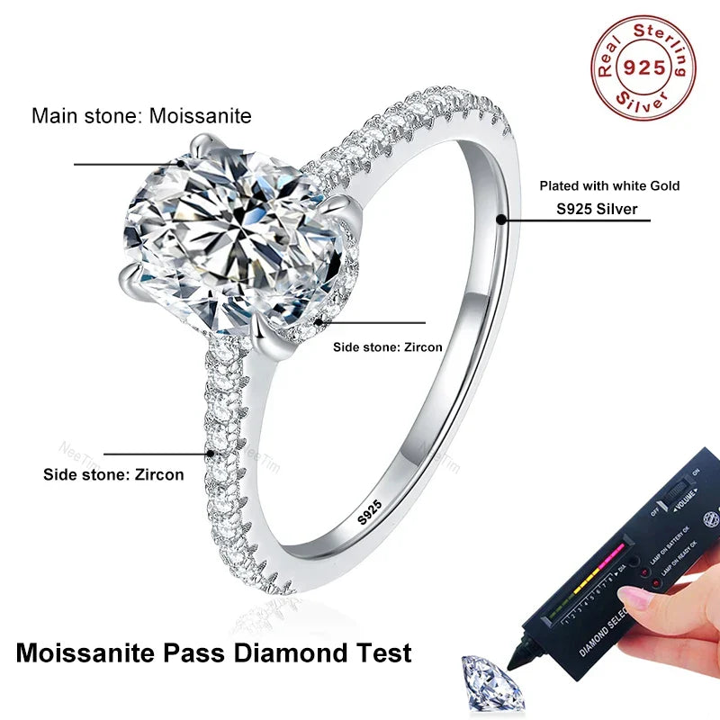NeeTim 1ct 2ct 3ct Oval Cut Moissanite Rings for Women 925 Sterling Silver Lab Diamond Wedding Engagement Ring Gemstone Band