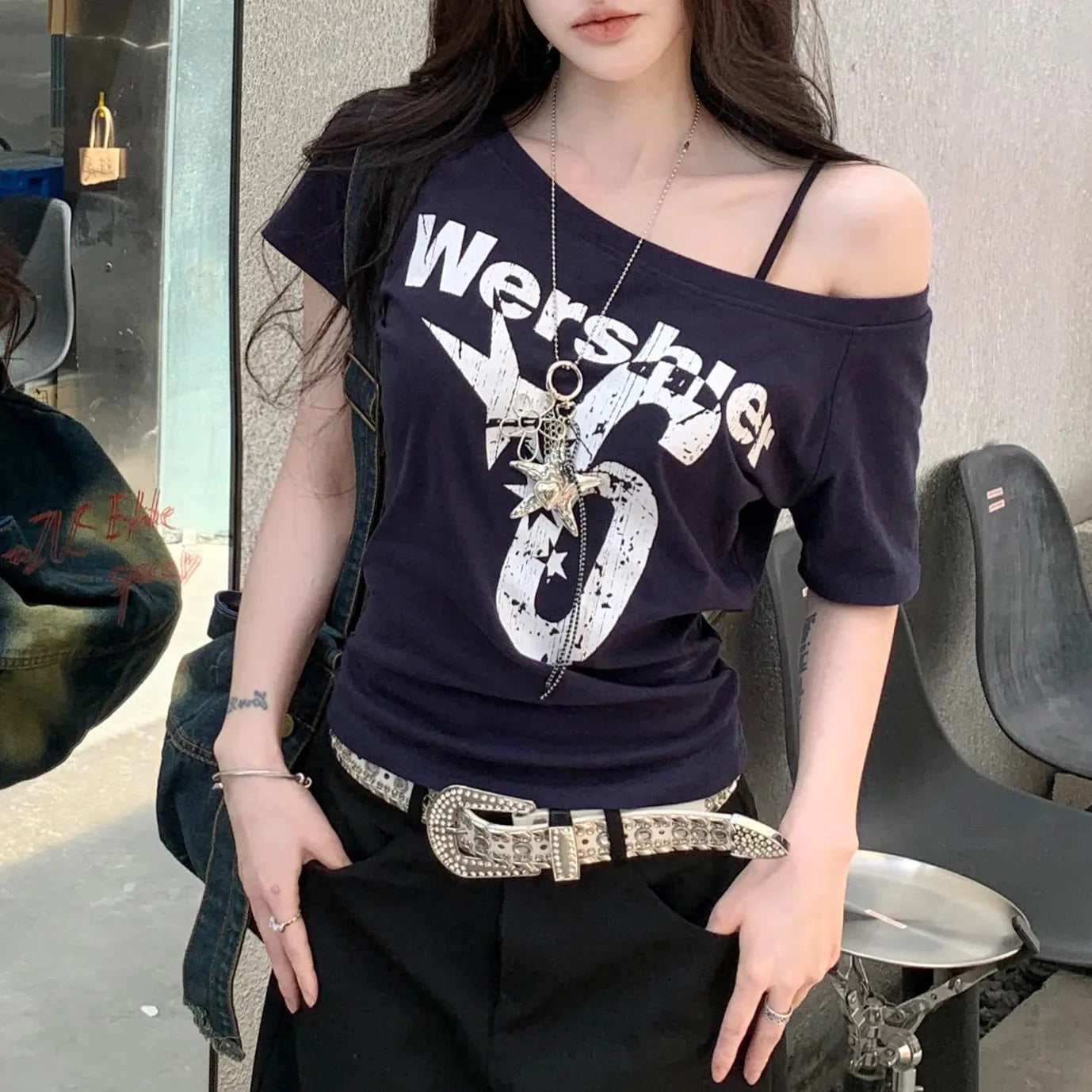 Women’s Summer Letter Print Skew Collar Short Sleeve T-Shirt - Image 3