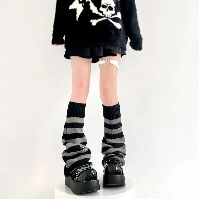 Y2K Punk Knitted Leg Warmers Black White Heart Star Argyle Style - Image 18
