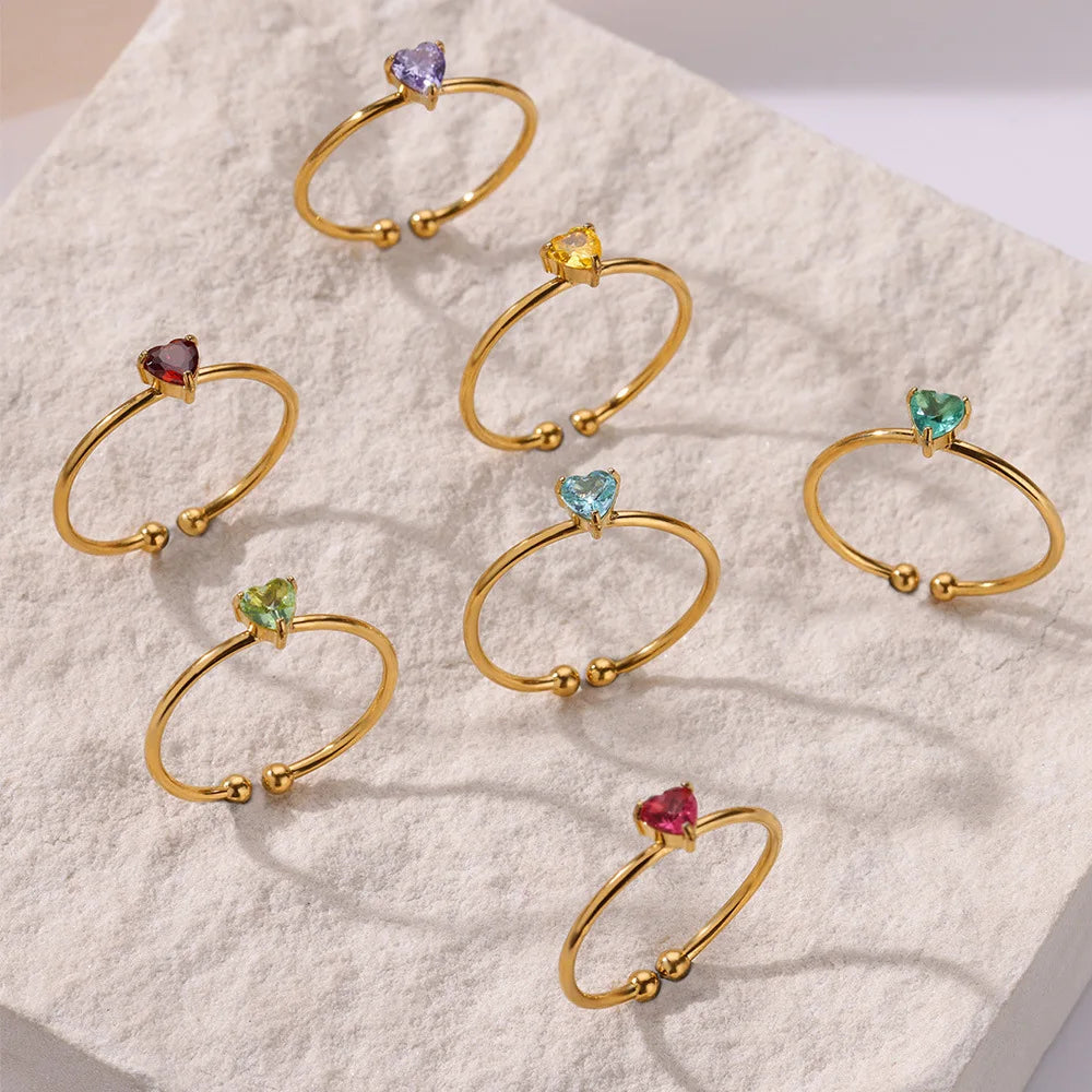 Fashion Zircon Heart Birthstone Rings For Women Stainless Steel Gold Color Birthstone Ring  Aesthetic Wedding Jewelry Gift