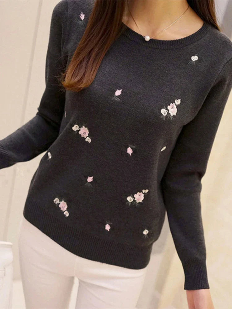 Women Floral Embroidered Knit Sweater Long Sleeve Pullover - Image 18